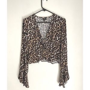 AFRM Animal Print Scarlett Tie Front Ruffle Hem Flared Sleeve Crop Top [US S/P]